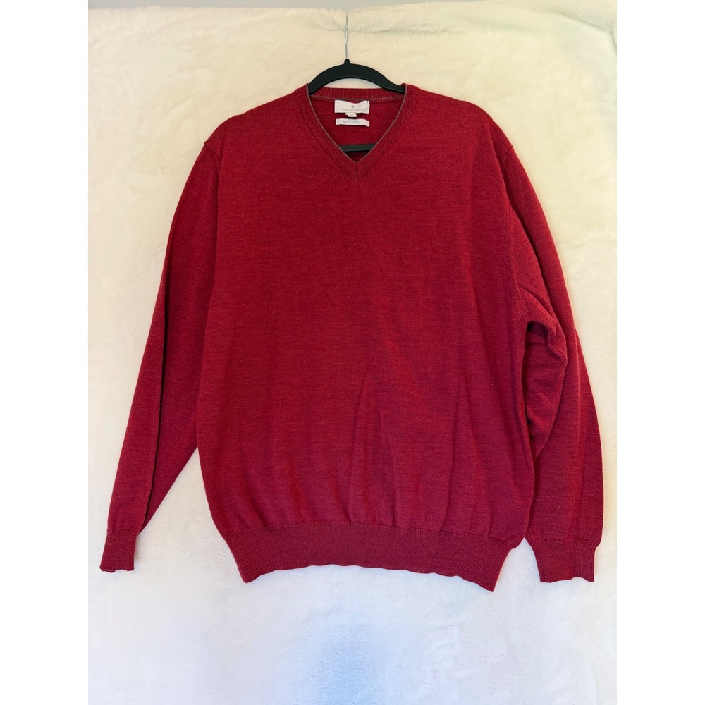 Toscano Firenze Men XL Red V-Neck Sweater 100% Merino Wool Made in Italy Knit
